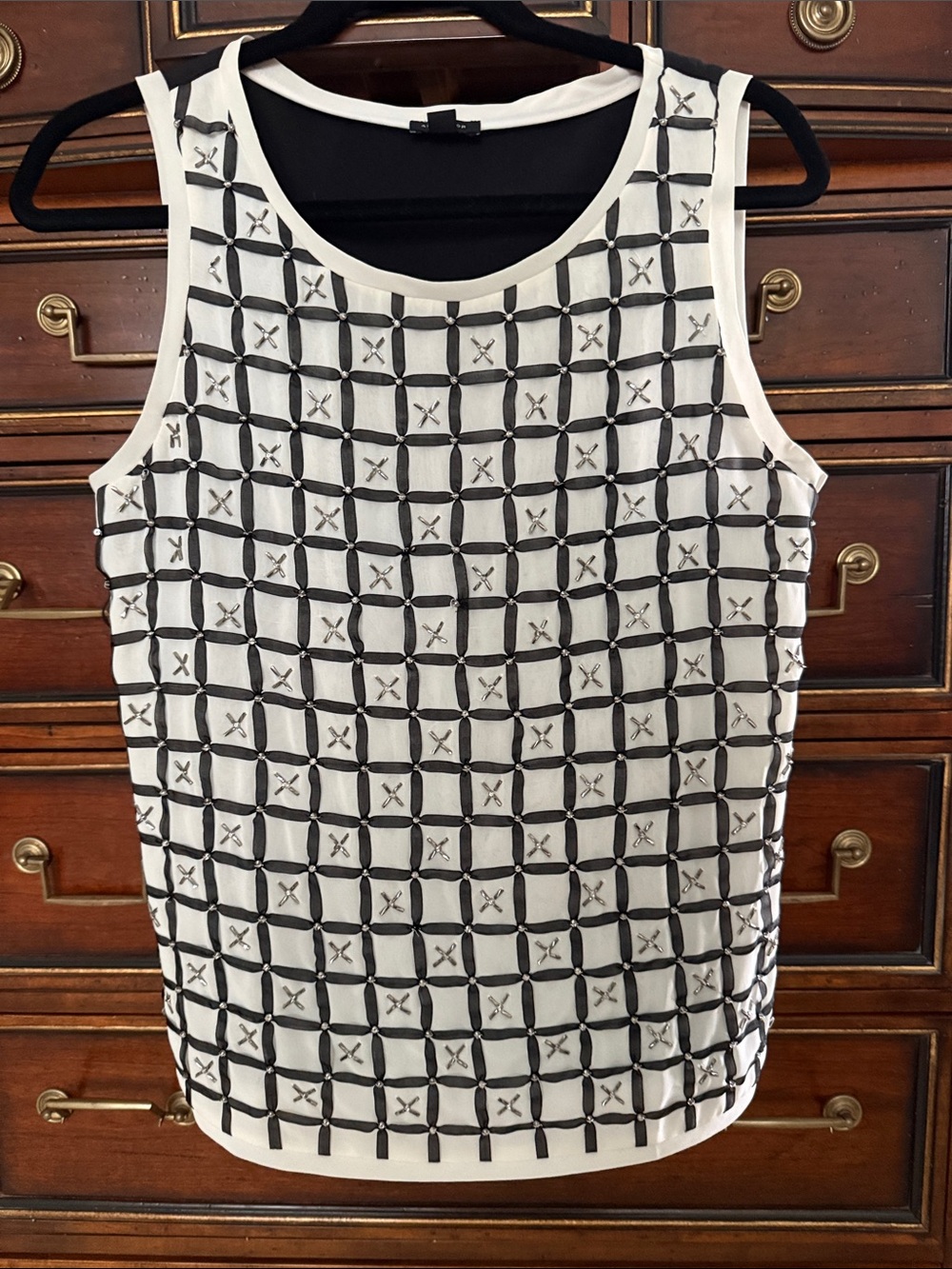 Ann Taylor White Tank with Black Grid Embroidery